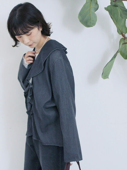 【ECO DENIM 】フリルブラウス（チャコールグレー/ブルー/ネイビー）｜Samansa Mos2 blue（サマンサモスモス ブルー）通販