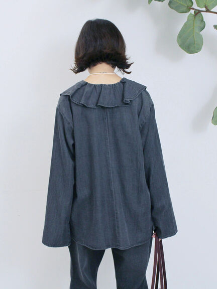 【ECO DENIM 】フリルブラウス（チャコールグレー/ブルー/ネイビー）｜Samansa Mos2 blue（サマンサモスモス ブルー）通販
