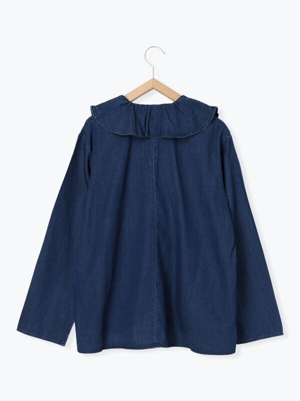 セール】 【ECO DENIM 】フリルブラウス（チャコールグレー/ブルー