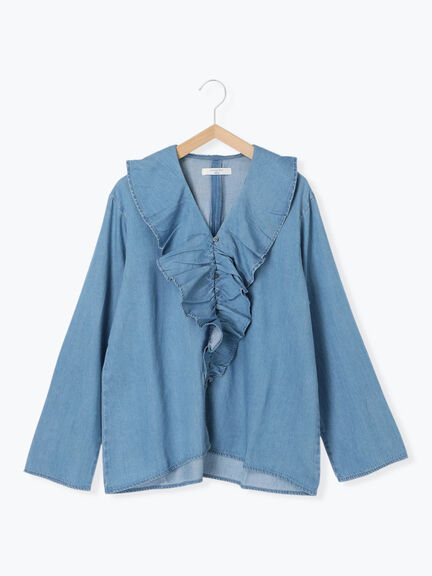 【ECO DENIM 】フリルブラウス（チャコールグレー/ブルー/ネイビー）｜Samansa Mos2 blue（サマンサモスモス ブルー）通販