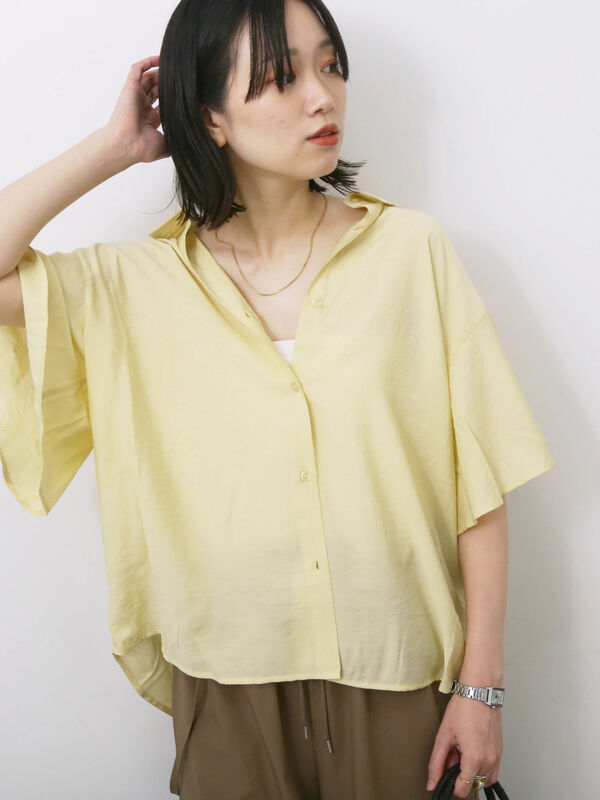 セール】 フレアギャザーブラウス（ライトベージュ/イエロー/サックス