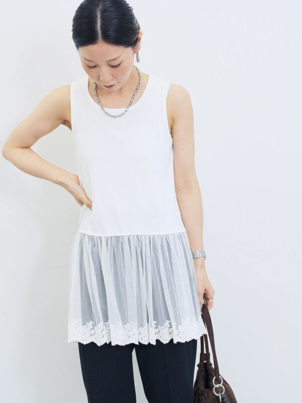 セール】 ペプラムロングタンクトップ（オフホワイト/ホワイト