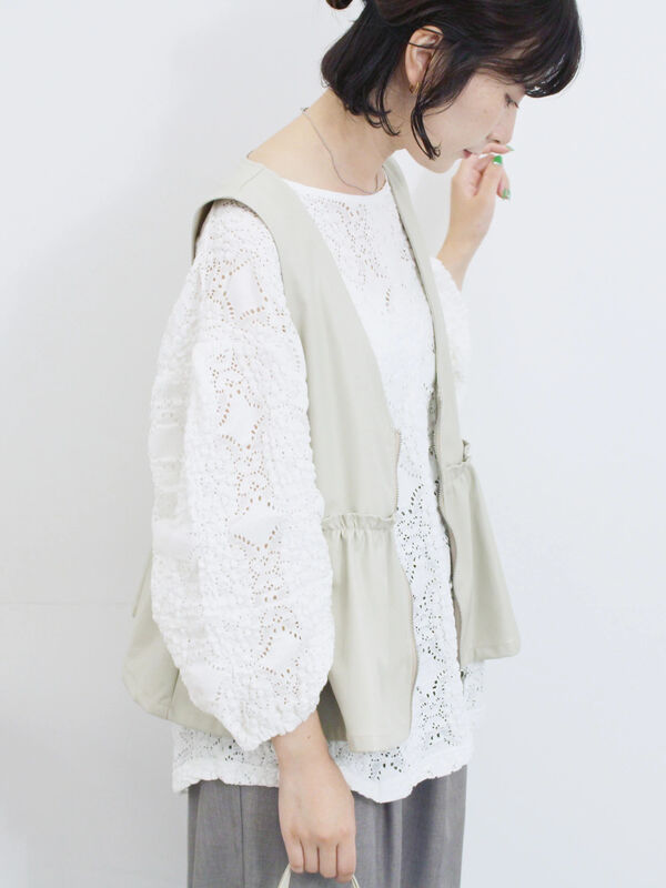 セール】 花ジャガード7分袖プルオーバー（オフホワイト/ブラック