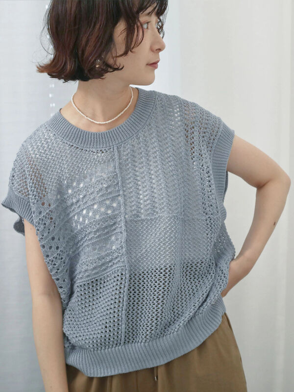 麻タッチパッチワークニットベスト（サックスブルー）｜Samansa Mos2 blue（サマンサモスモス ブルー）通販