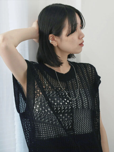 麻タッチパッチワークニットベスト（ブラック/ベージュ/サックスブルー）｜Samansa Mos2 blue（サマンサモスモス ブルー）通販