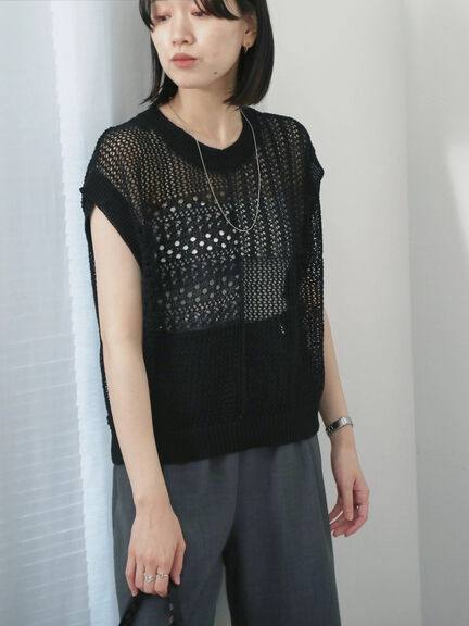 麻タッチパッチワークニットベスト（ブラック/ベージュ/サックスブルー）｜Samansa Mos2 blue（サマンサモスモス ブルー）通販
