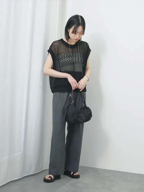 セール】 麻タッチパッチワークニットベスト（ブラック/ベージュ