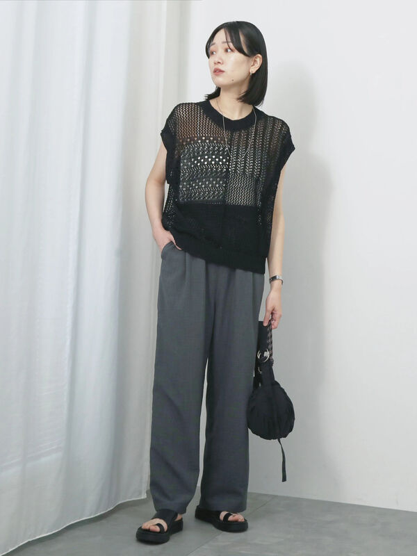 セール】 麻タッチパッチワークニットベスト（ブラック/ベージュ