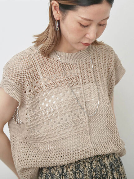 麻タッチパッチワークニットベスト（ブラック/ベージュ/サックスブルー）｜Samansa Mos2 blue（サマンサモスモス ブルー）通販
