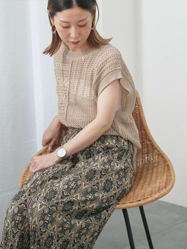 セール】 麻タッチパッチワークニットベスト（ブラック/ベージュ