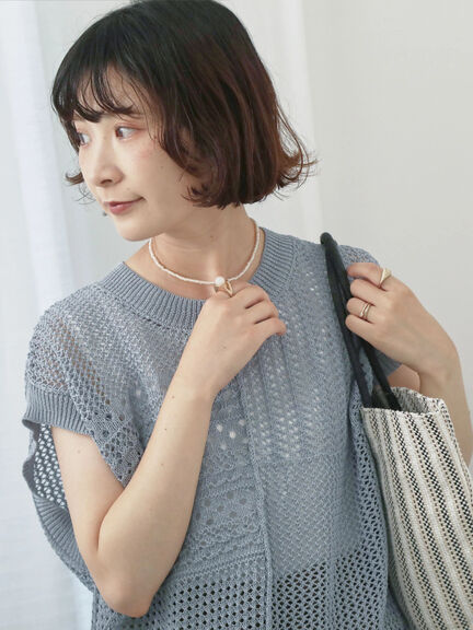麻タッチパッチワークニットベスト（ブラック/ベージュ/サックスブルー）｜Samansa Mos2 blue（サマンサモスモス ブルー）通販