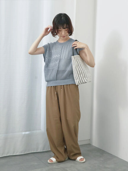麻タッチパッチワークニットベスト（ブラック/ベージュ/サックスブルー）｜Samansa Mos2 blue（サマンサモスモス ブルー）通販