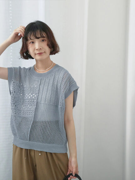 麻タッチパッチワークニットベスト（ブラック/ベージュ/サックスブルー）｜Samansa Mos2 blue（サマンサモスモス ブルー）通販