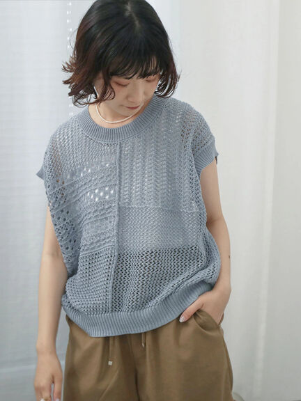 麻タッチパッチワークニットベスト（ブラック/ベージュ/サックスブルー）｜Samansa Mos2 blue（サマンサモスモス ブルー）通販