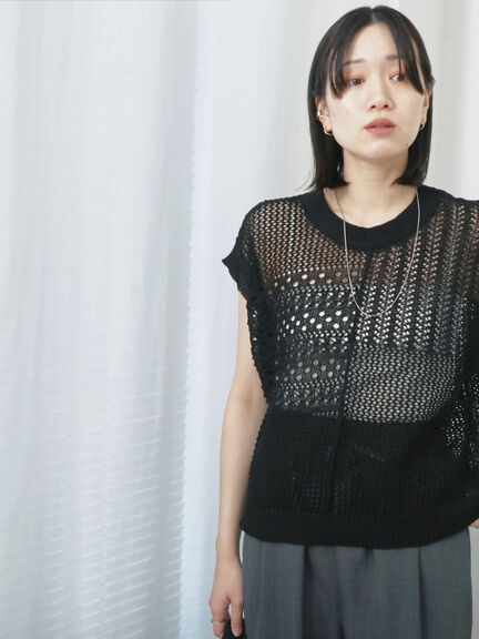 麻タッチパッチワークニットベスト（ブラック/ベージュ/サックスブルー）｜Samansa Mos2 blue（サマンサモスモス ブルー）通販