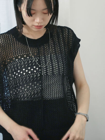麻タッチパッチワークニットベスト（ブラック/ベージュ/サックスブルー）｜Samansa Mos2 blue（サマンサモスモス ブルー）通販
