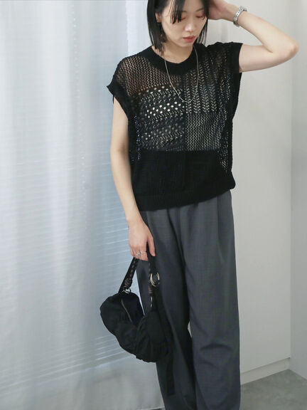 麻タッチパッチワークニットベスト（ブラック/ベージュ/サックスブルー）｜Samansa Mos2 blue（サマンサモスモス ブルー）通販
