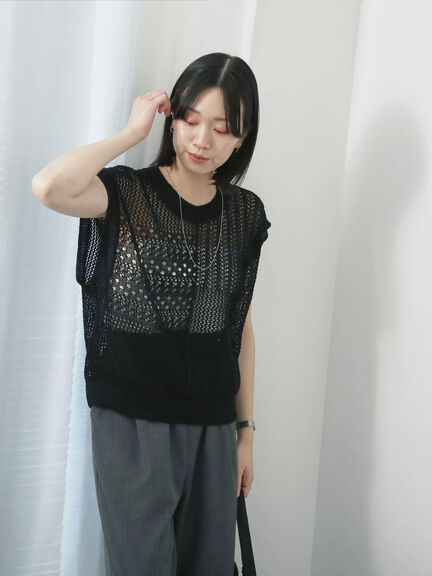 麻タッチパッチワークニットベスト（ブラック/ベージュ/サックスブルー）｜Samansa Mos2 blue（サマンサモスモス ブルー）通販