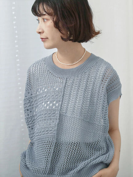 麻タッチパッチワークニットベスト（ブラック/ベージュ/サックスブルー）｜Samansa Mos2 blue（サマンサモスモス ブルー）通販
