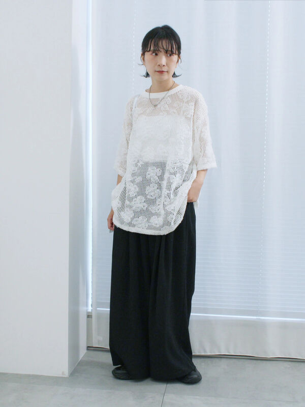 セール】 チュールフラワーコードTシャツ（オフホワイト/グレー