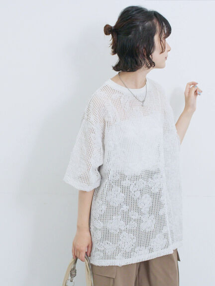 チュールフラワーコードTシャツ（オフホワイト/グレー/ブラック）｜Samansa Mos2 blue（サマンサモスモス ブルー）通販