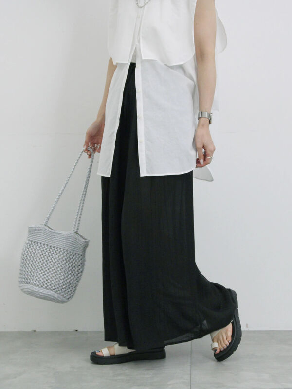 セール】 楊柳ガウチョパンツ（ブラック/ダークオレンジ