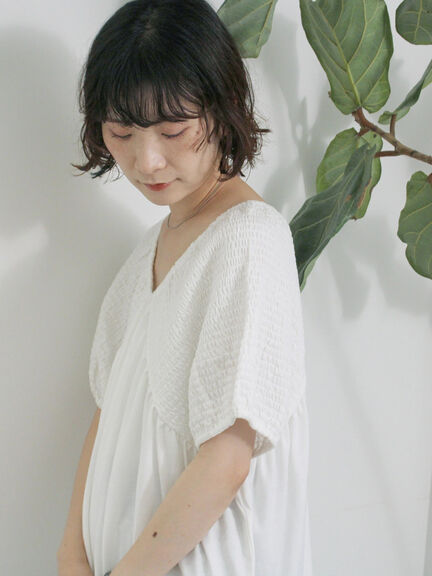 ◎【接触冷感】シャーリングVネックプルオーバー（オフホワイト/ブラック/ブルー）｜Samansa Mos2 blue（サマンサモスモス ブルー）通販
