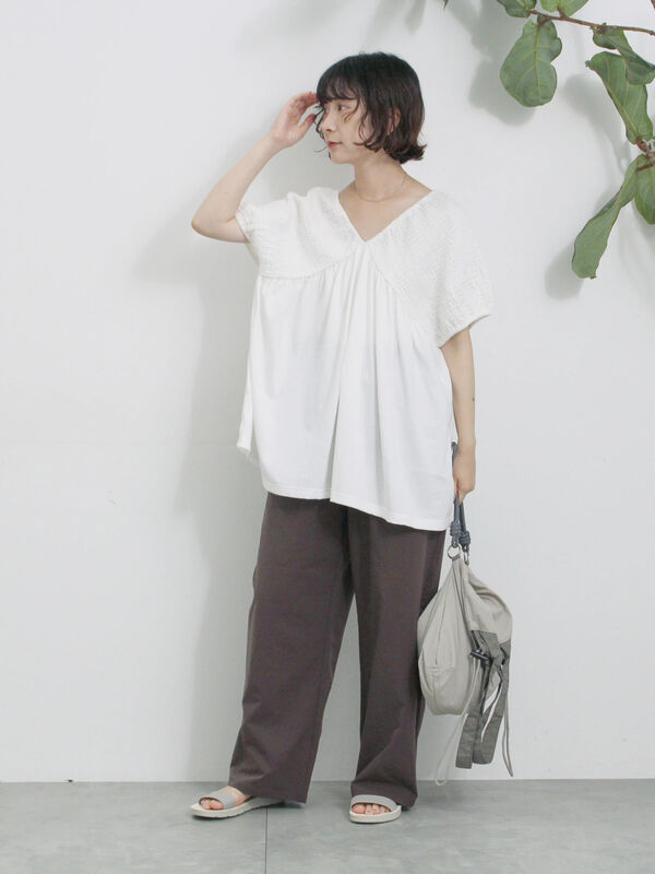 セール】 ◎【接触冷感】シャーリングVネックプルオーバー（オフ