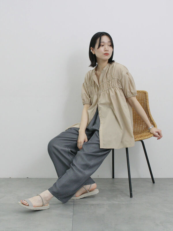 セール】 シャーリングチュニック（ブラック/ライトベージュ/シュアカ