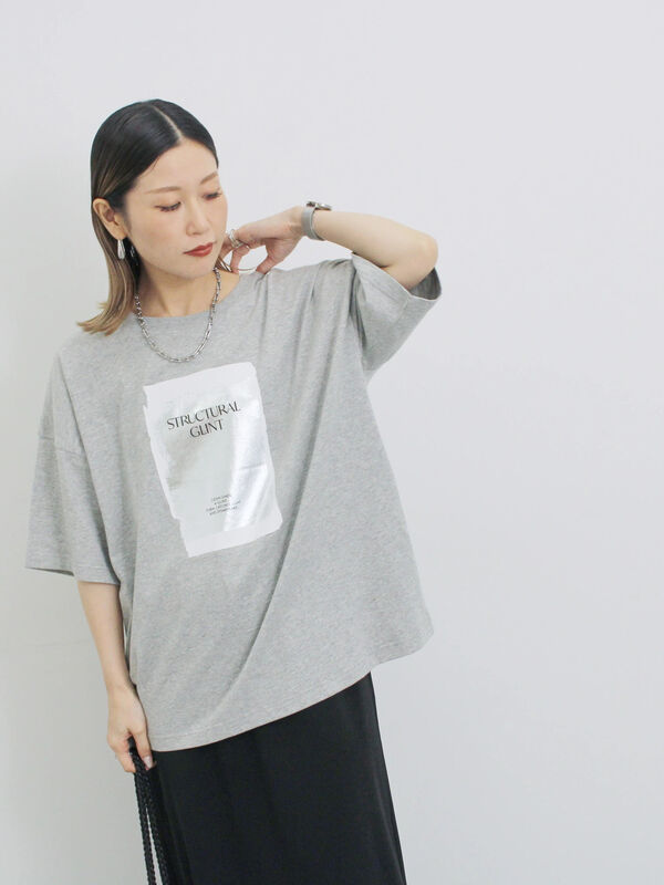 グレー F刺繍 Tシャツ サイズ40 ラフフィットリブネックTシャツ[CROSS＆STITCH OE1118]｜オリジナルT