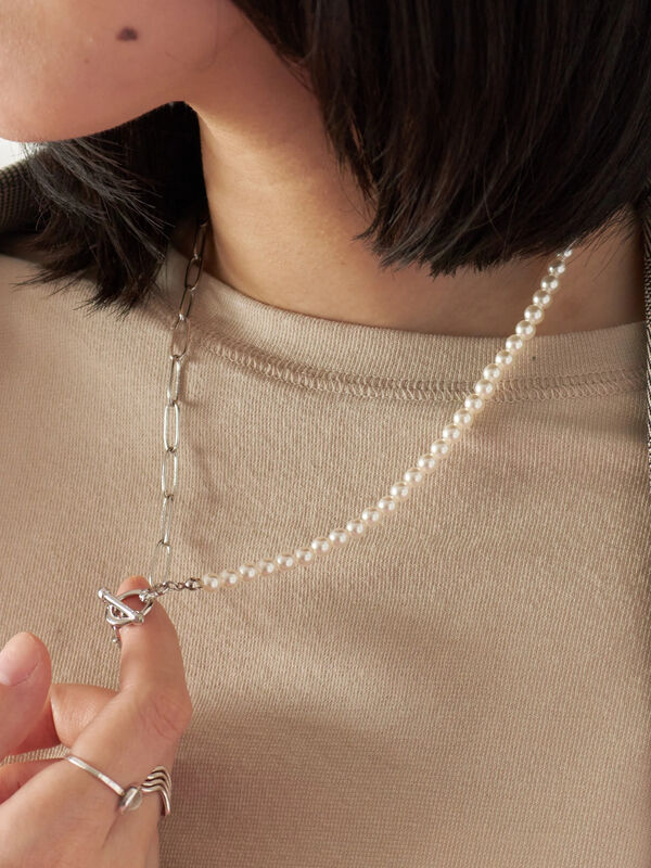 セール】 パール&チェーンミックスネックレス（シルバー