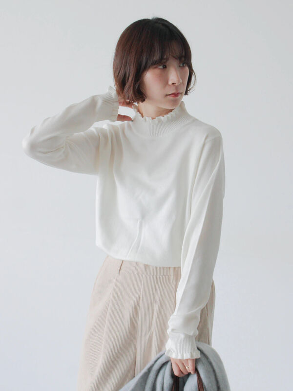 フリル衿ニットプルオーバー　L  160 セール】 フリル衿ニットプルオーバー（オフホワイト/ホワイト
