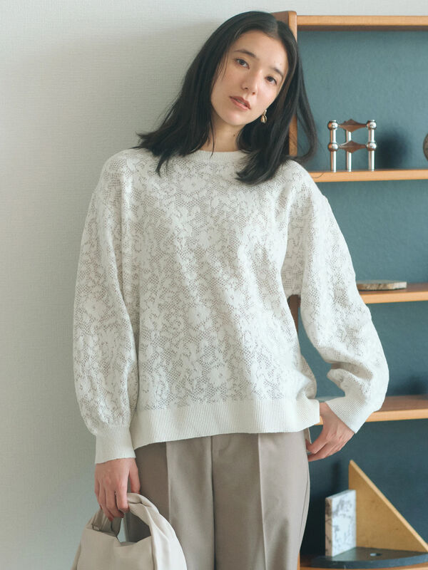 セール】 微起毛花ジャガードニットプルオーバー（チャコールグレー