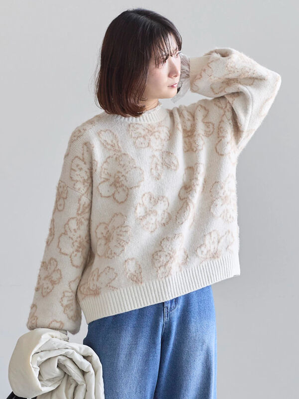 花柄シャギーニットプルオーバー（オフホワイト/グレー/ブラック
