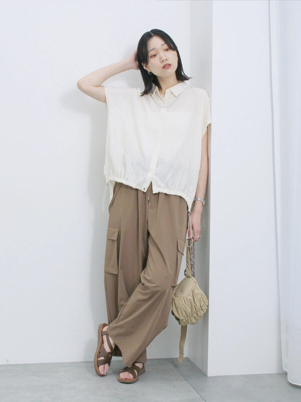 セール】 裾ドロスト楊柳シャツ（ブラック/オレンジ/キナリ/トップス