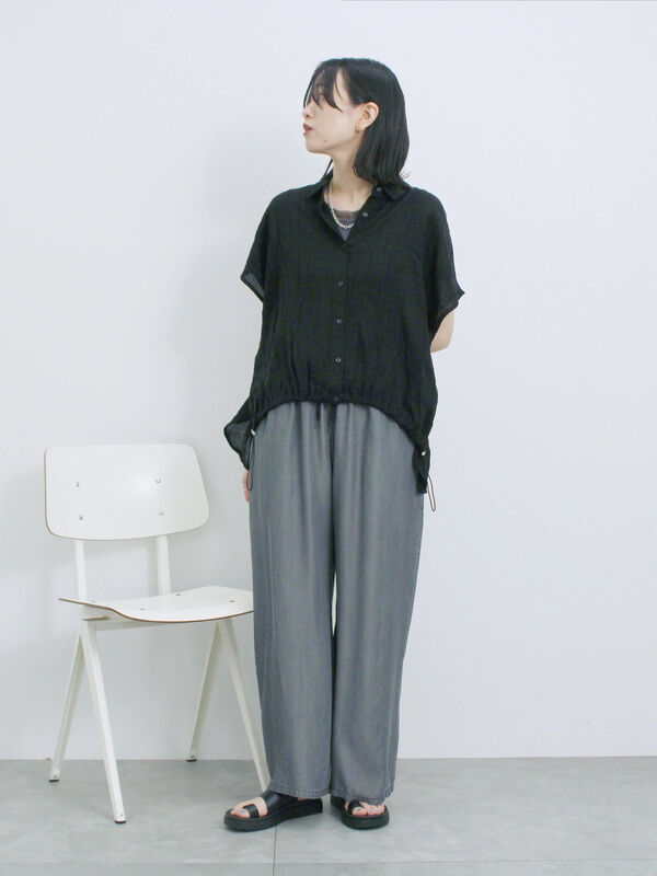 セール】 裾ドロスト楊柳シャツ（ブラック/オレンジ/キナリ/トップス