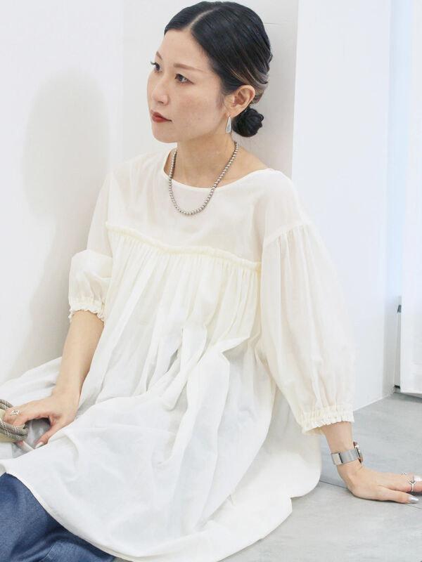 セール】 ボイルギャザーチュニック（オフホワイト/ブラック