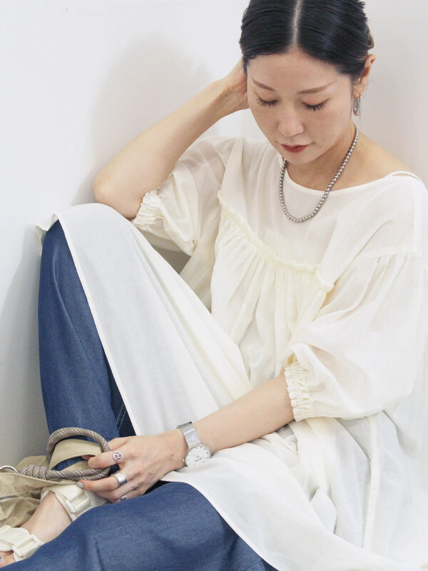 セール】 ボイルギャザーチュニック（オフホワイト/ブラック/ミント