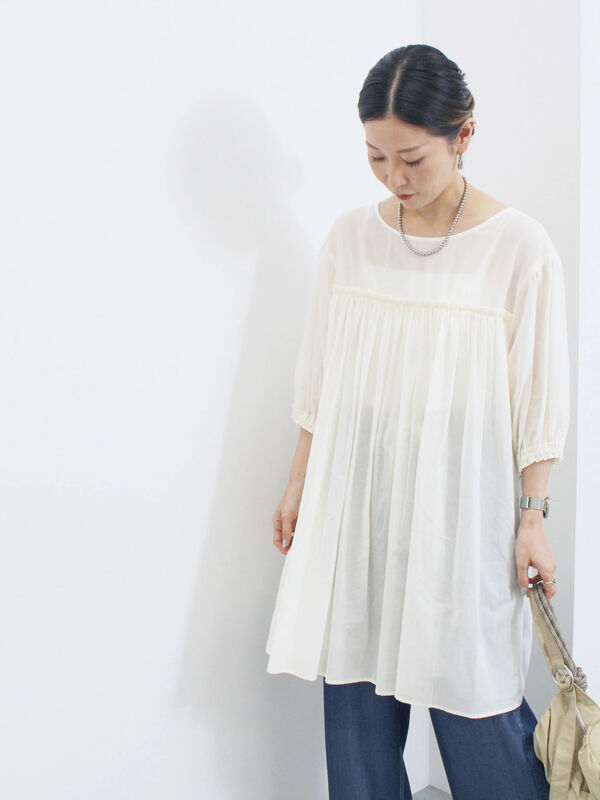 セール】 ボイルギャザーチュニック（オフホワイト/ブラック/ミント