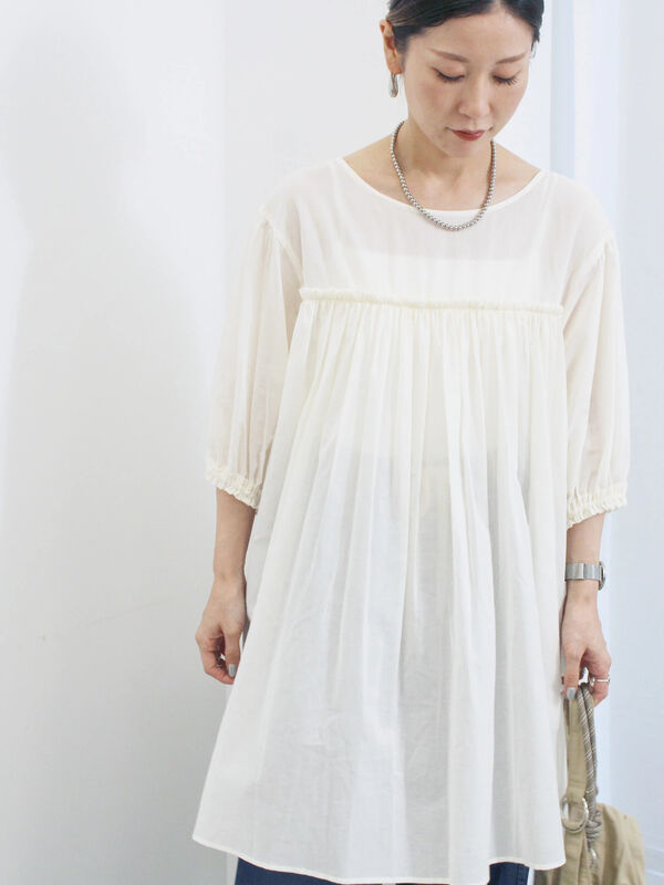 セール】 ボイルギャザーチュニック（オフホワイト/ブラック/ミント