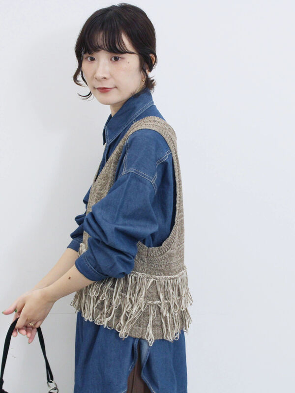 セール】 フリンジニットベスト（ブラック/モカ/キナリ/アウター