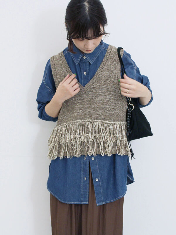 セール】 フリンジニットベスト（ブラック/モカ/キナリ/アウター