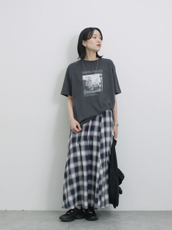 セール】 オンブレチェックドロストギャザースカート（ブラック