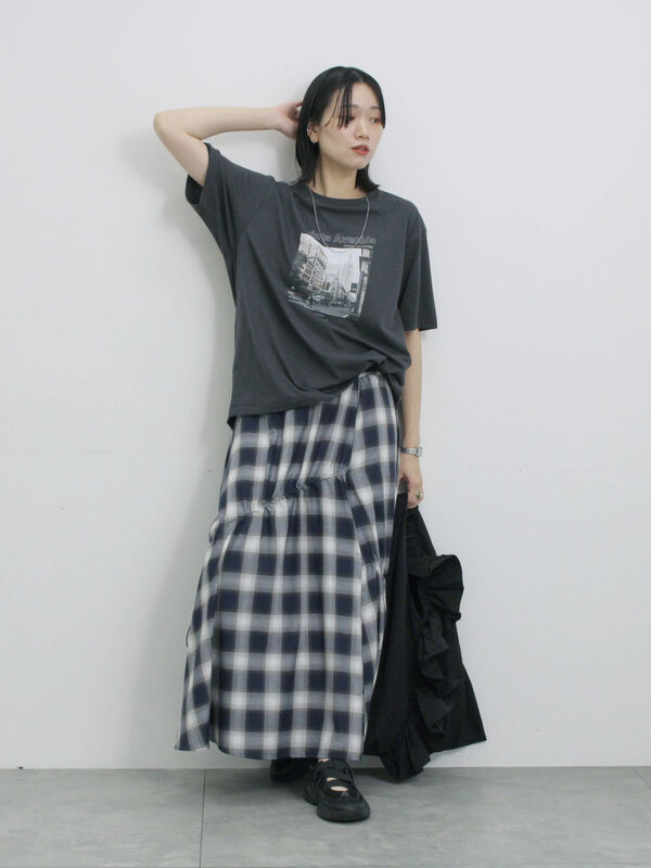 セール】 オンブレチェックドロストギャザースカート（ブラック