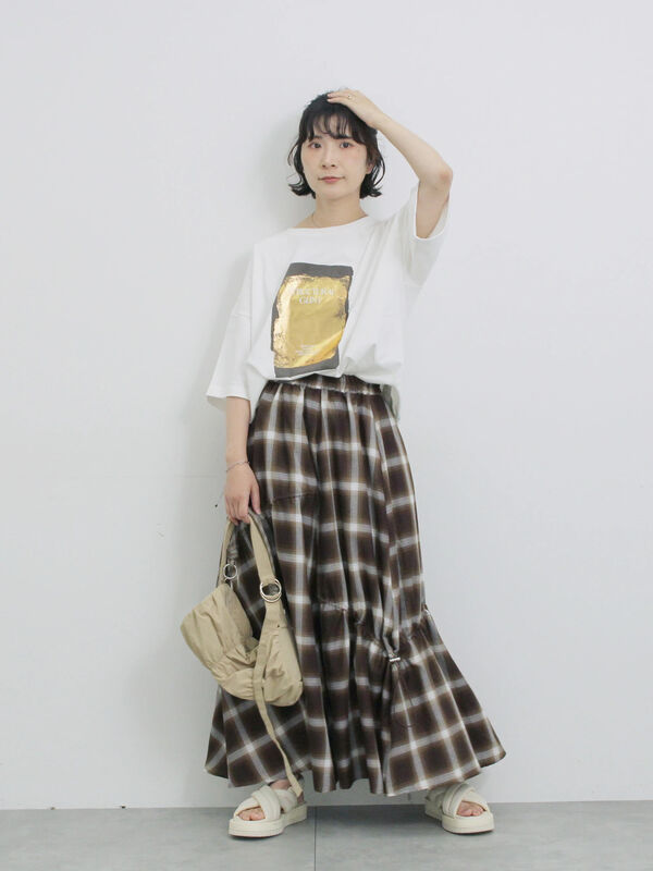 セール】 オンブレチェックドロストギャザースカート（ブラック