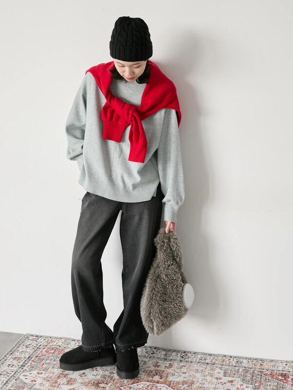 イメルダ Hug knit】袖ボリュームハイネックプルオーバー（ブラック/レッド