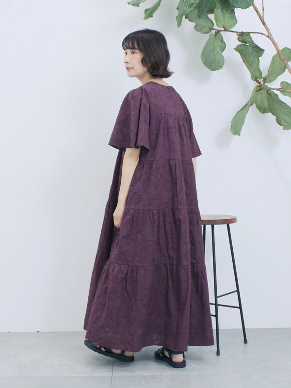 MARCHESA NOTTE ジャカード ミディワンピース 2色 花ジャガードティアードワンピース(ブラック/ボルドー/ブラウン