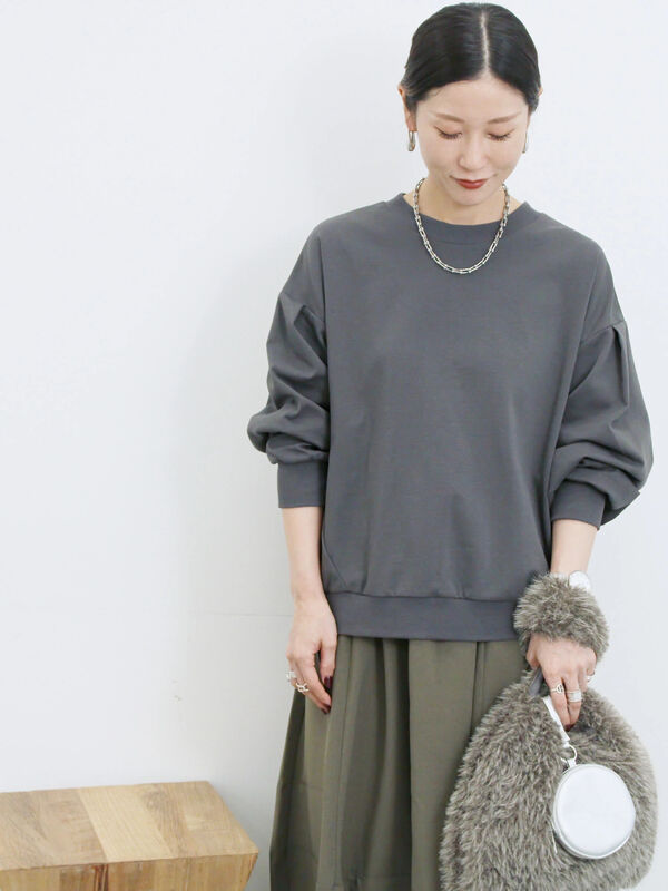 セール】 ポンチ袖タックプルオーバー（チャコールグレー/ボルドー