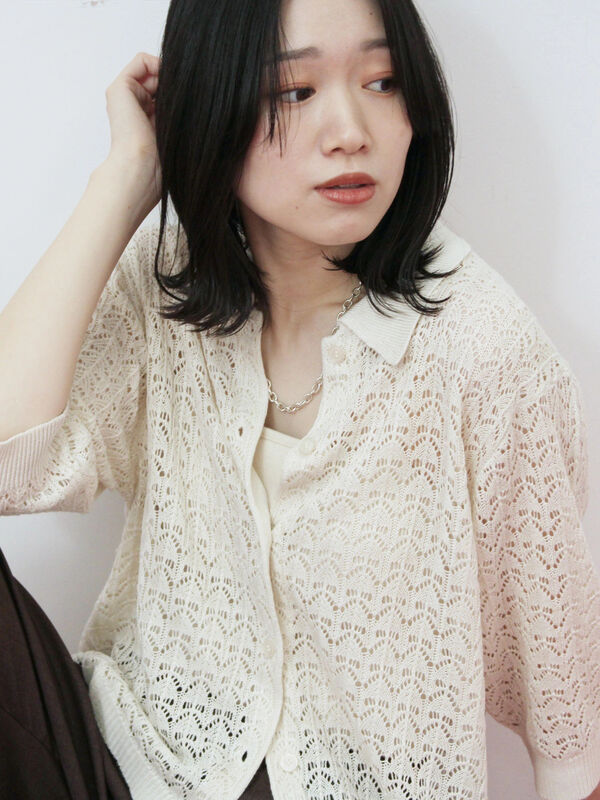 セール】 透かし柄ニットポロ（ブラック/ブラウン/キナリ/トップス