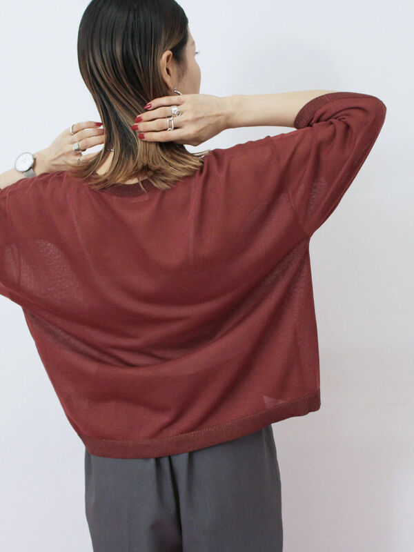 セール】 7分袖ラメニットプルオーバー（チャコールグレー/ボルドー